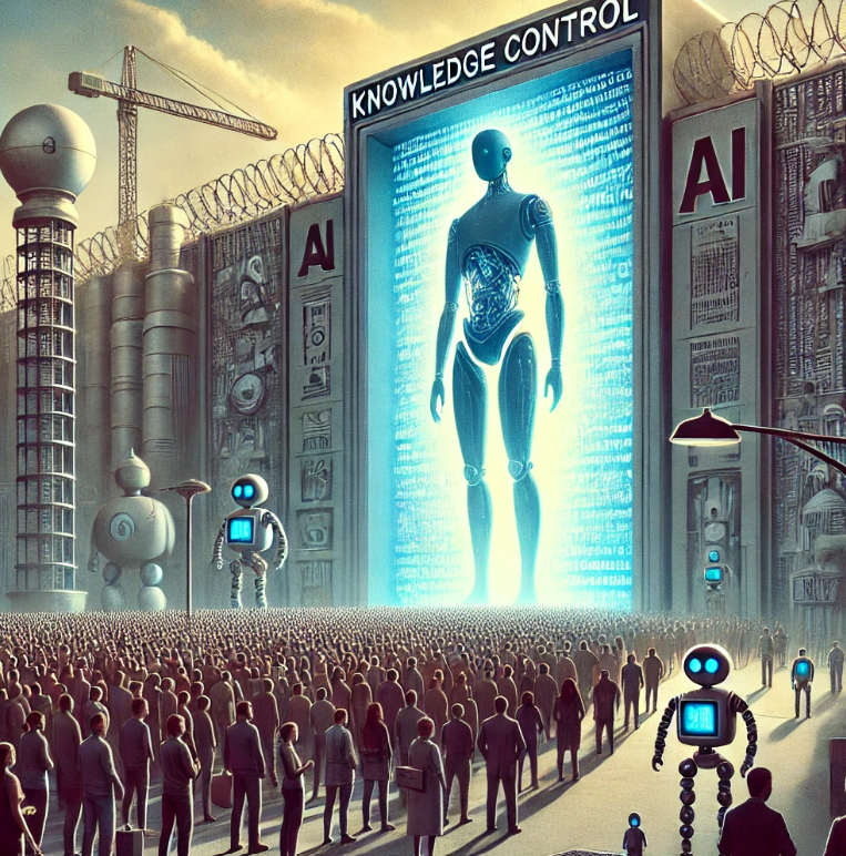 Dystopian image of people lining up to a gate protected by a robot
